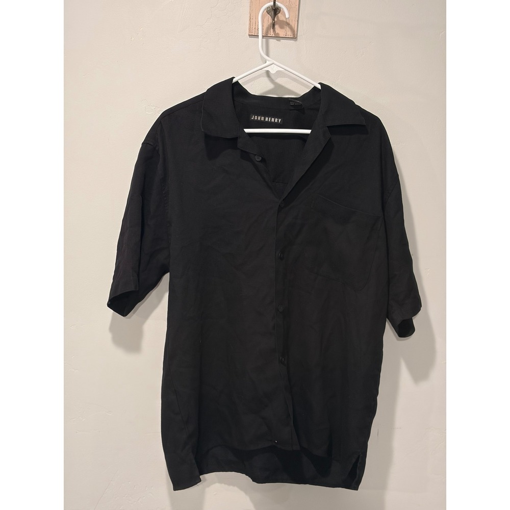 John Henry Mens Black Short Sleeve Camp Collar Button Down Shirt Size Medium